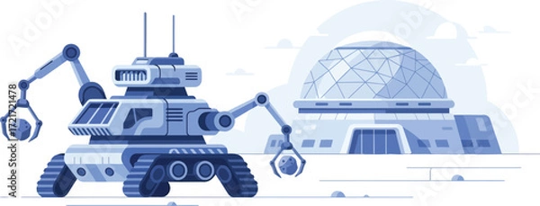 Fototapeta Advanced robotic exploration vehicle operates with robotic arms near a futuristic domed research facility.