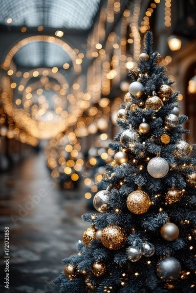 Fototapeta Close-up of a decorated Christmas tree with golden ornaments and lights