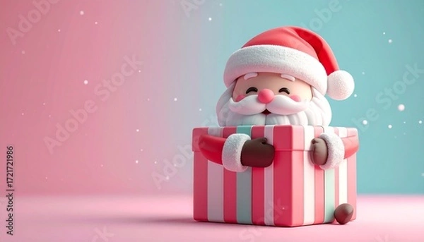 Obraz Cute 3D render of kawaii Santa hugging a giant candy-striped gift box, pastel background, perfect Christmas holiday illustration with copy space for festive design