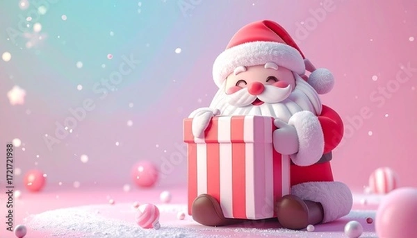 Obraz Cute 3D render of kawaii Santa hugging a giant candy-striped gift box, pastel background, perfect Christmas holiday illustration with copy space for festive design