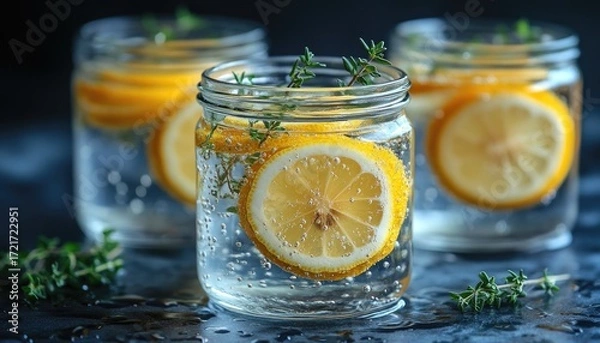 Fototapeta Lemon water with thyme in mason jars. A refreshing drink, for health or wellness concepts.