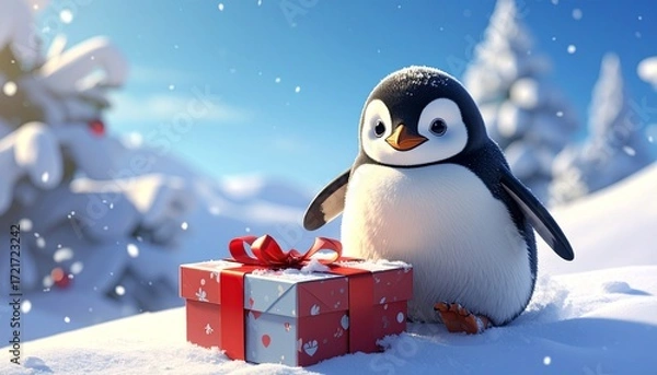 Obraz Fun 3D render of little penguin sliding playfully on a Christmas gift box, snowy background with copy space, festive and cheerful holiday illustration.