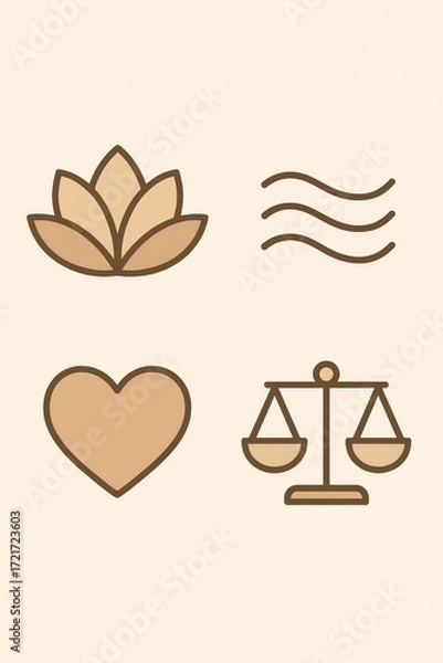 Fototapeta Minimal mindfulness icon set: lotus, waves, heart, and meditating figure with scales—ideal for wellness branding and apps.