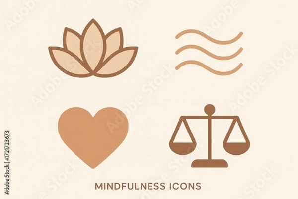 Fototapeta Minimal mindfulness icon set: lotus, waves, heart, and meditating figure with scales—ideal for wellness branding and apps.