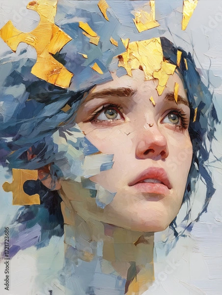 Obraz Healing Mind Concept Art – Realistic Portrait with Puzzle Piece Head and Pastel Swirl Background