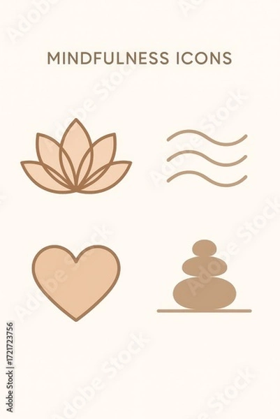 Fototapeta Minimal mindfulness icon set: lotus, waves, heart, and meditating figure with scales—ideal for wellness branding and apps.