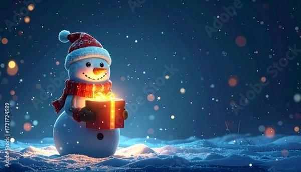 Obraz Adorable 3D render of cute snowman holding glowing Christmas gift box, dark blue background, magical festive illustration for holiday design