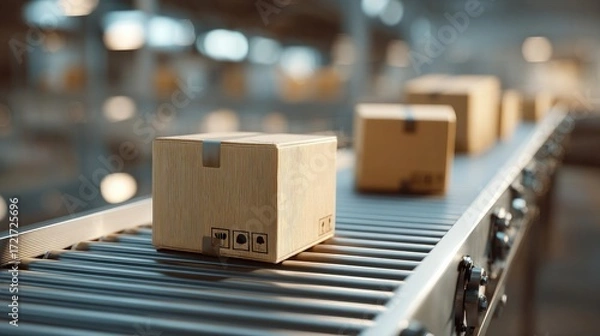 Fototapeta Cardboard boxes moving on conveyor belt in warehouse distribution center. Logistics, shipping, packaging, delivery, supply chain, and transportation process.