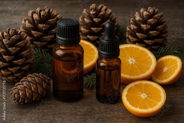 Fototapeta Amber oil bottles with orange slices, pine cones, and evergreen—natural winter aromatherapy scene on rustic wood.