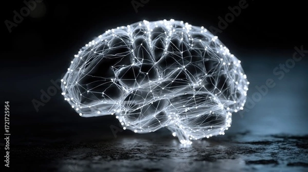 Fototapeta Glowing human brain with neural network connections, abstract visualization of artificial intelligence, deep learning, cognitive science, innovation and futuristic technology concept.