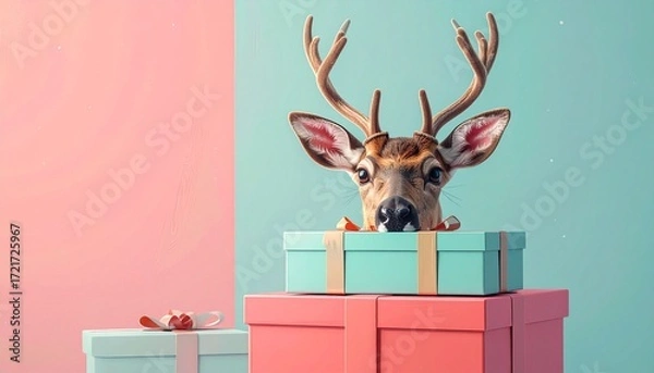 Obraz Playful 3D render of reindeer hiding behind stacked Christmas gift boxes, pastel background, fun seasonal design with holiday spirit.