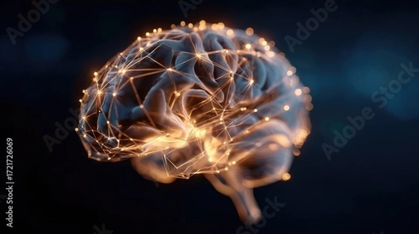 Fototapeta Glowing human brain with neural network connections, abstract visualization of artificial intelligence, deep learning, cognitive science, innovation and futuristic technology concept.