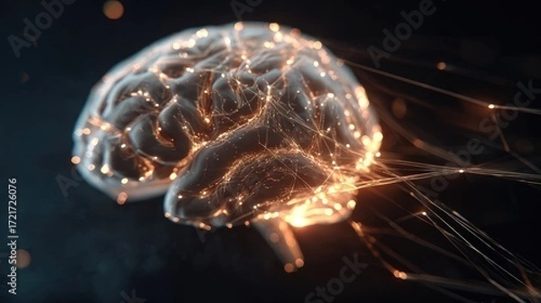 Fototapeta Glowing human brain with neural network connections, abstract visualization of artificial intelligence, deep learning, cognitive science, innovation and futuristic technology concept.