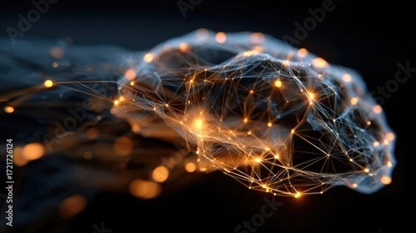 Fototapeta Glowing human brain with neural network connections, abstract visualization of artificial intelligence, deep learning, cognitive science, innovation and futuristic technology concept.