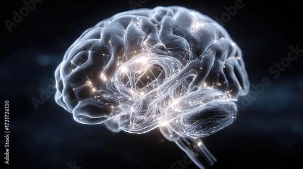 Fototapeta Glowing human brain with neural network connections, abstract visualization of artificial intelligence, deep learning, cognitive science, innovation and futuristic technology concept.