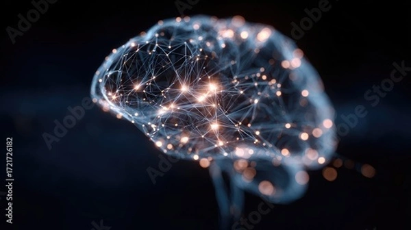 Fototapeta Glowing human brain with neural network connections, abstract visualization of artificial intelligence, deep learning, cognitive science, innovation and futuristic technology concept.