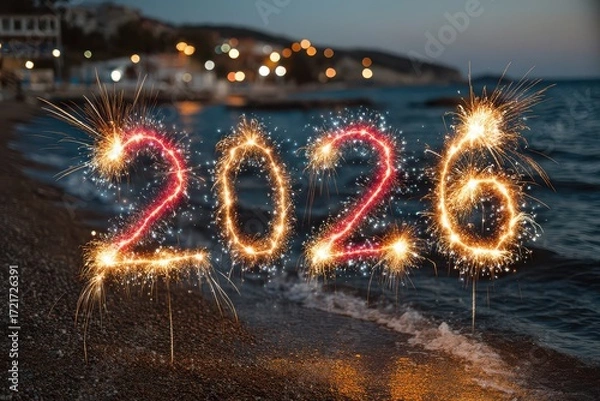 Fototapeta Bright fireworks in the shape of 2026 over a serene beach at night