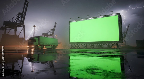 Fototapeta Large green screen billboard in a stormy industrial port with a tanker truck, cranes, and lightning.