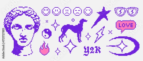 Fototapeta Pixel y2k retro icons set. Abstract vector elements in psychedelic acid style. Geometric sticker shapes in pixel art style. Digital brutalist techno glitch bitmap symbols collection. Isolated