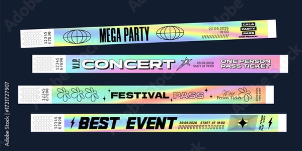 Fototapeta Festival Wrist Band Party Bracelet Mockups Set. Hologram Gradient Music Concert Event Wristband Bright Color Pass Templates. Vector Entry Stickers. Neon Style Access Arm Paper Admission Lanyards