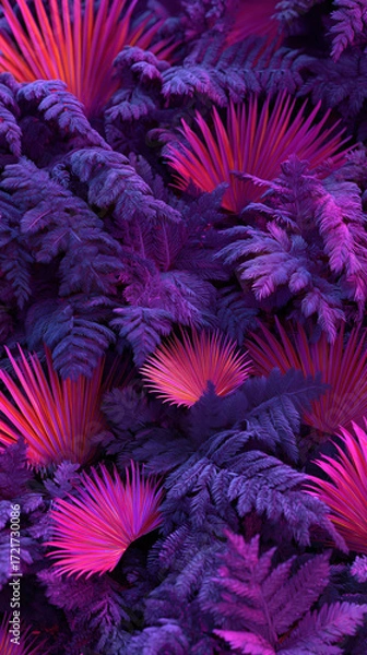 Fototapeta Vibrant purple fern and palm leaves create magical twilight jungle scene with enchanting, surreal colors and dreamy atmosphere
