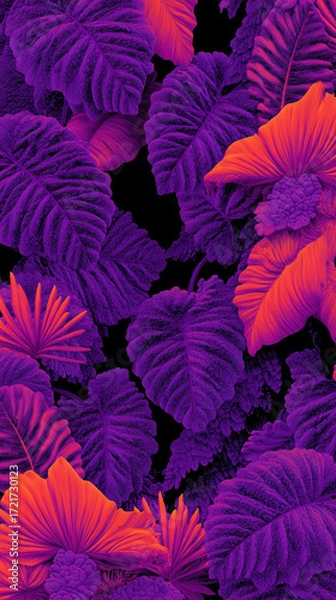 Fototapeta Vibrant purple and orange tropical leaves create dramatic, enchanting jungle pattern with lush foliage and bold contrast