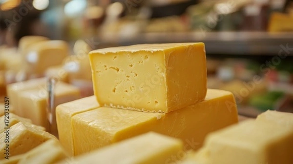 Fototapeta Yellow cheddar block on a shop counter, a staple of deli displays and cheese boards.