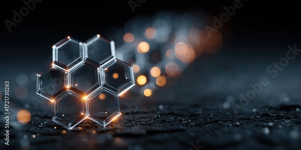 Fototapeta Futuristic hexagonal structure with glowing edges, digital blockchain network concept, abstract technology background