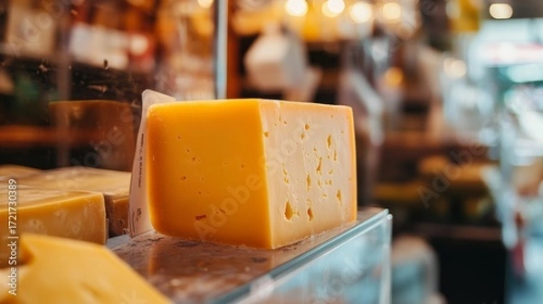 Fototapeta Yellow cheddar block on a shop counter, a staple of deli displays and cheese boards.