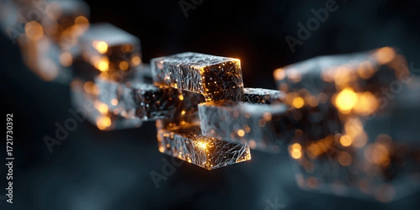 Fototapeta Digital rendering of blockchain system glowing futuristic chain technology, abstract network connection, innovation concept