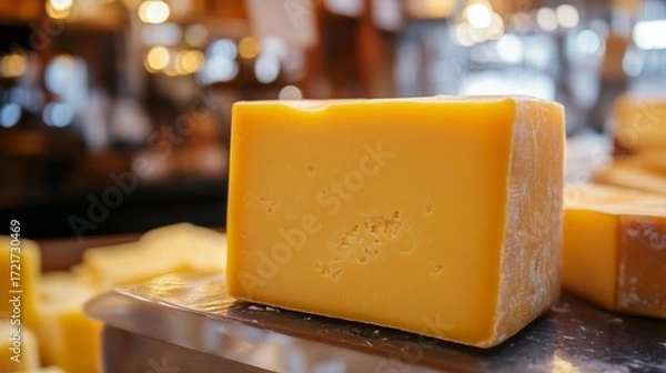 Fototapeta Yellow cheddar block on a shop counter, a staple of deli displays and cheese boards.