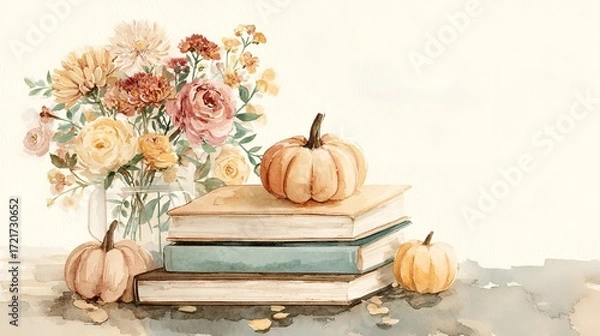 Obraz  Watercolor illustration featuring a fall-themed composition with pumpkins, flowers, and books. Emphasizes autumn colors and seasonal elements to evoke warmth and celebration.