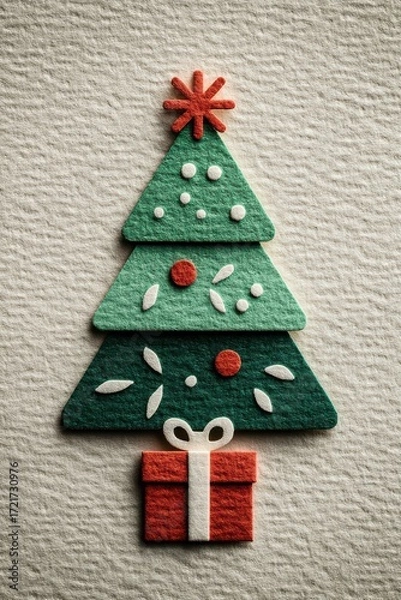 Fototapeta Minimalistic Christmas tree with gift and textured paper design