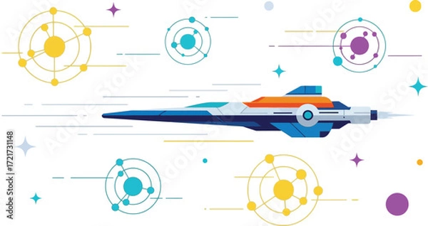 Fototapeta Futuristic spaceship soaring through a vibrant, abstract cosmic landscape with glowing nodes.