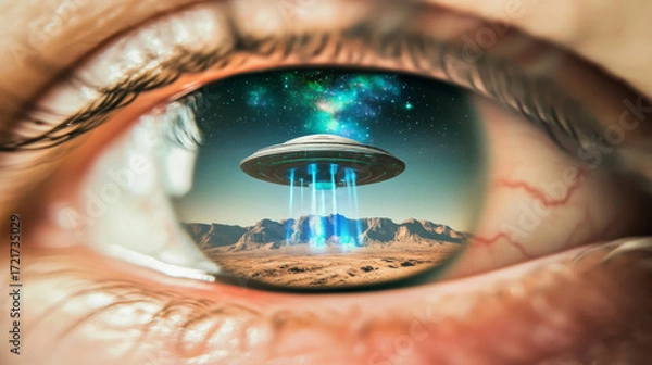 Fototapeta Closeup of human eye reflecting group of alien spaceships invading, conceptual background