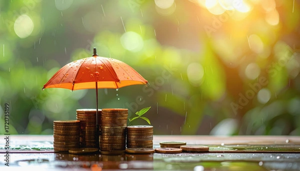 Fototapeta Umbrella and coins symbolizing financial planning and risk management concept with copy space for additional text