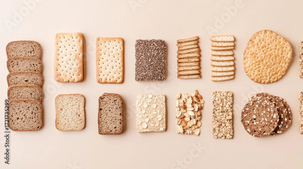Fototapeta Varieties of flatbread and whole grain toast arranged as background