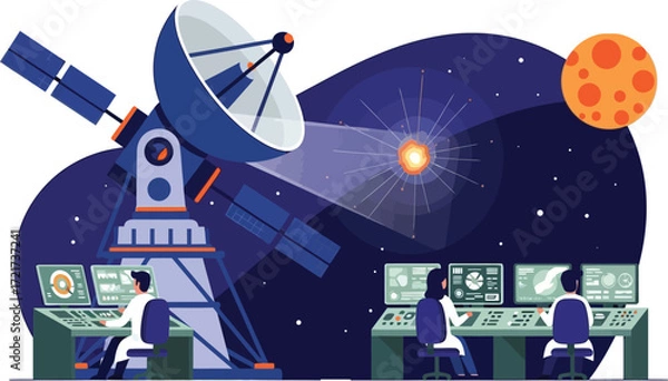 Fototapeta Scientists monitor deep space signals from a futuristic observatory, exploring the cosmos.
