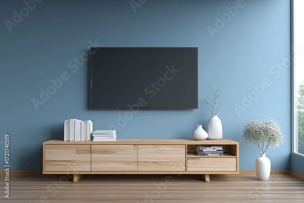 Fototapeta A minimalist living room features a flat-screen TV mounted on a light wood media console, complemented by simple decor