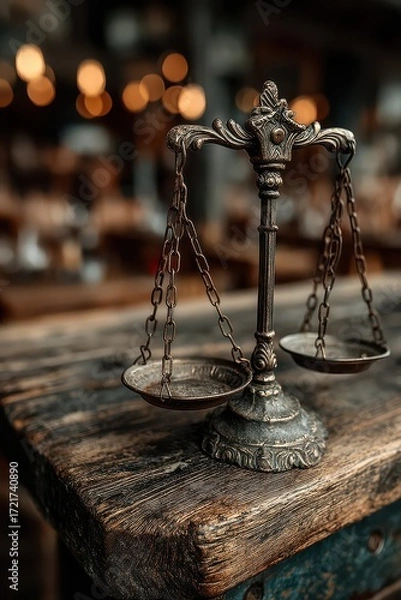 Fototapeta Vintage scales of justice on a rustic wooden table with warm lighting