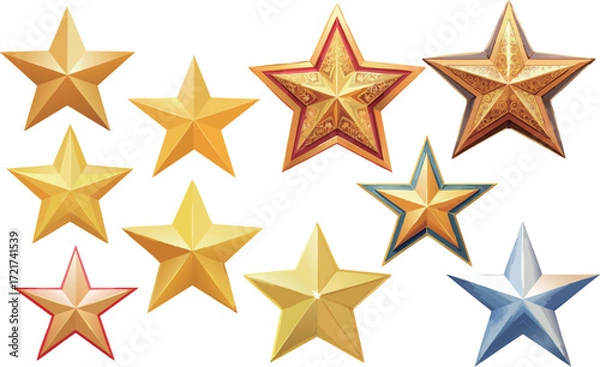 Fototapeta Set of golden and silver 3D star vector illustrations in various styles. Perfect for awards, rating icons, achievements, games, celebrations, holiday designs, and decorative graphic projects.