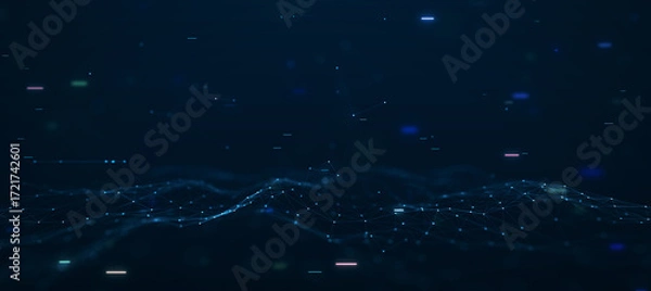 Fototapeta Abstract visualization of a digital network with glowing nodes and connecting lines forming a wave pattern on a dark futuristic background.