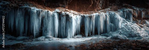 Fototapeta Majestic Frozen Waterfalls Nature's Icy Masterpiecesin Winter Wonderland Landsapes Await Adventurous Exporers Seeking BreathtakingScenic Views and Tranquil erenity