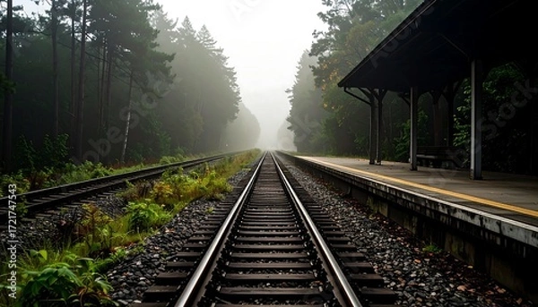 Obraz Foggy forest train tracks