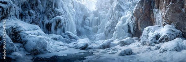 Fototapeta Majestic Frozen Waterfalls Nature's Icy Masterpiecesin Winter Wonderland Landsapes Await Adventurous Exporers Seeking BreathtakingScenic Views and Tranquil erenity