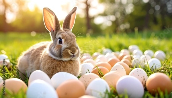 Obraz Easter bunny surrounded by eggs in a park