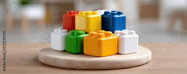 Fototapeta Stacked toy blocks in various colors on wooden platform, ideal for Kwanzaa for children activities and creative play