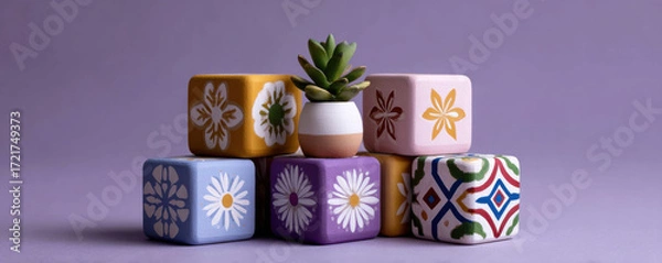 Fototapeta Decorative blocks with floral patterns and small potted succulent create charming arrangement for children Kwanzaa celebration