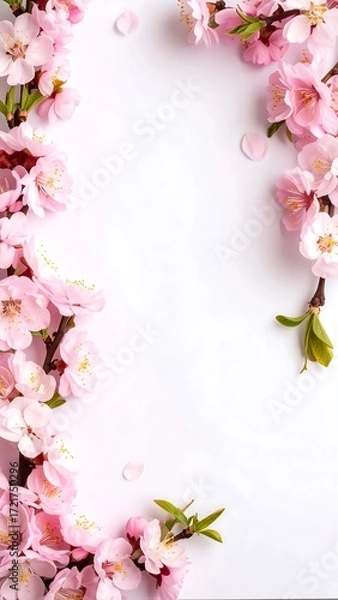 Obraz Delicate pink blossoms frame a white background