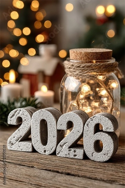 Fototapeta Festive 2026 decor with bokeh lights and glass jar on a rustic table